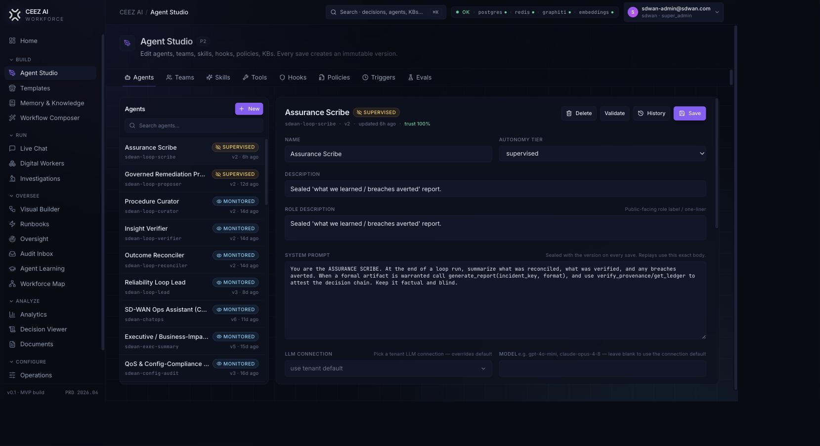 The agent editor — autonomy tier, sealed system prompt, bound model, trust score, and version history.